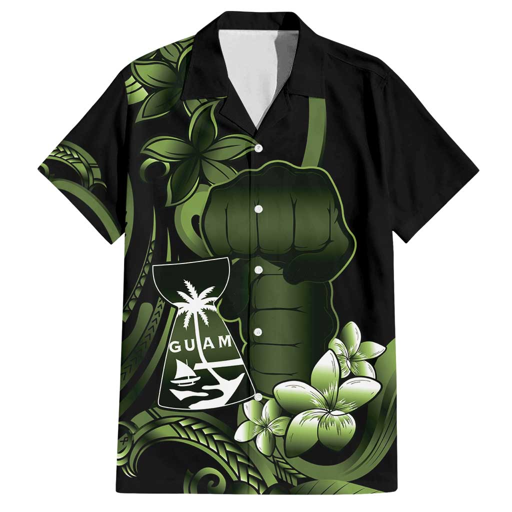 Green Hafa Adai Guam Family Matching Puletasi and Hawaiian Shirt Chamorro Latte Stone Hand With Plumeria LT14 Dad's Shirt - Short Sleeve Green - Polynesian Pride