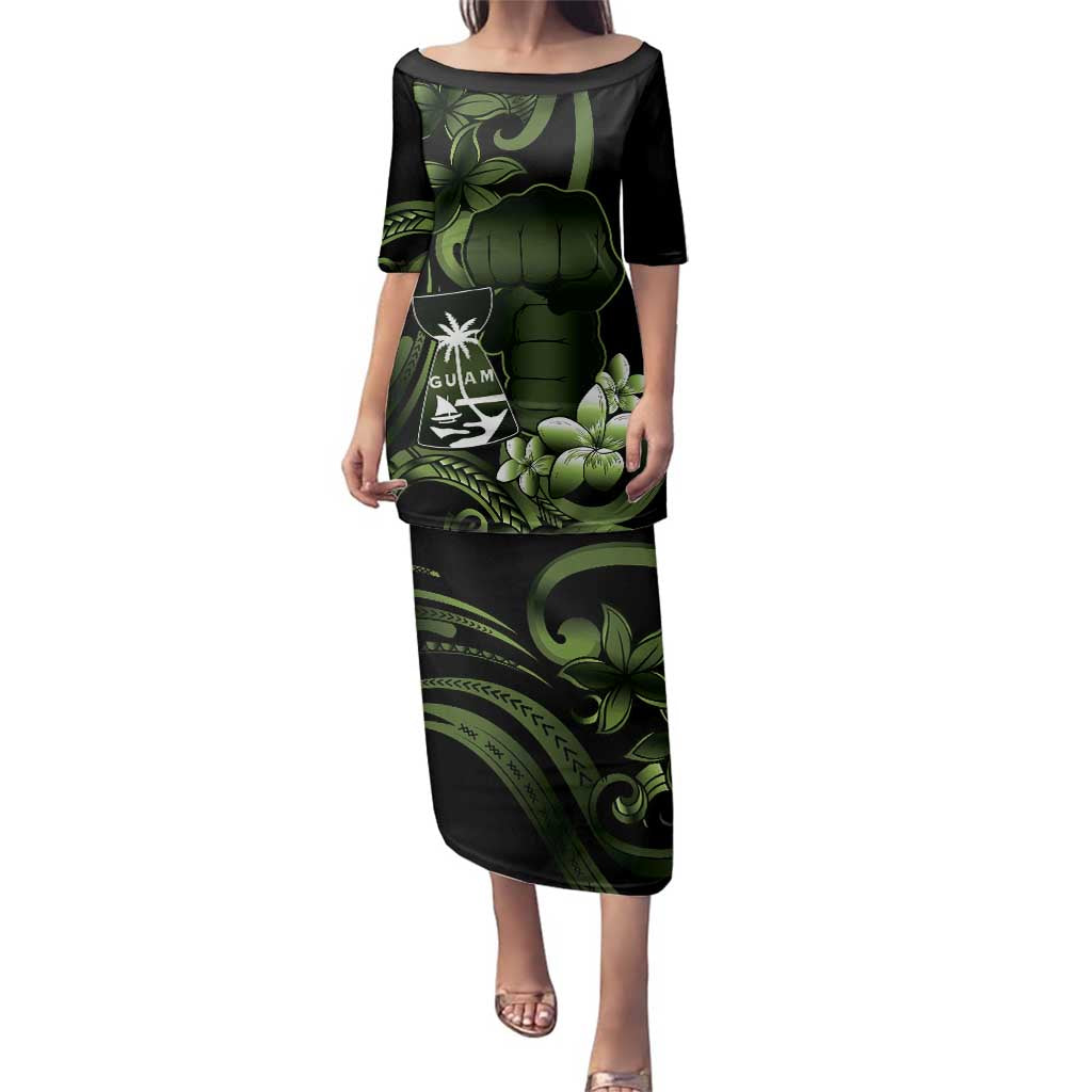 Green Hafa Adai Guam Family Matching Puletasi and Hawaiian Shirt Chamorro Latte Stone Hand With Plumeria LT14 Mom's Dress Green - Polynesian Pride