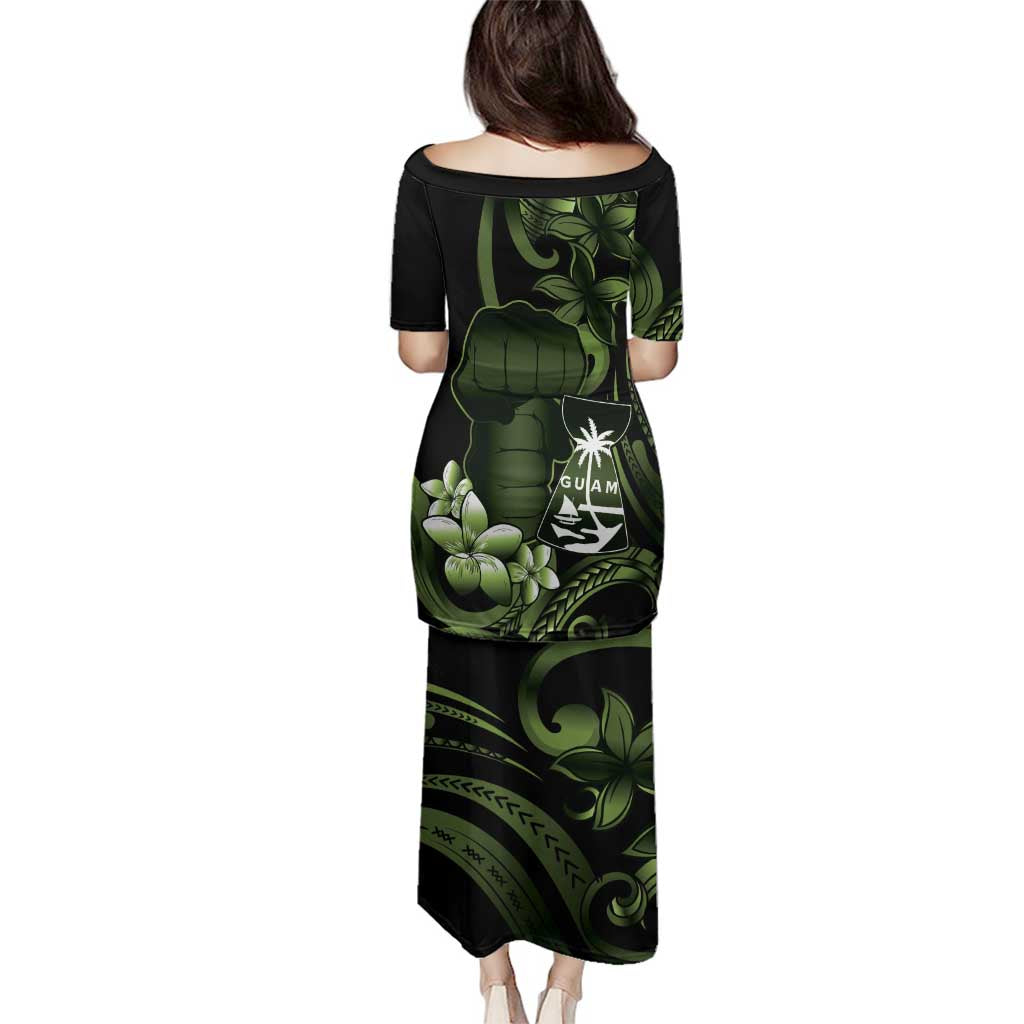 Green Hafa Adai Guam Family Matching Puletasi and Hawaiian Shirt Chamorro Latte Stone Hand With Plumeria LT14 - Polynesian Pride