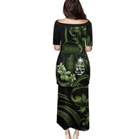 Green Hafa Adai Guam Family Matching Puletasi and Hawaiian Shirt Chamorro Latte Stone Hand With Plumeria LT14 - Polynesian Pride