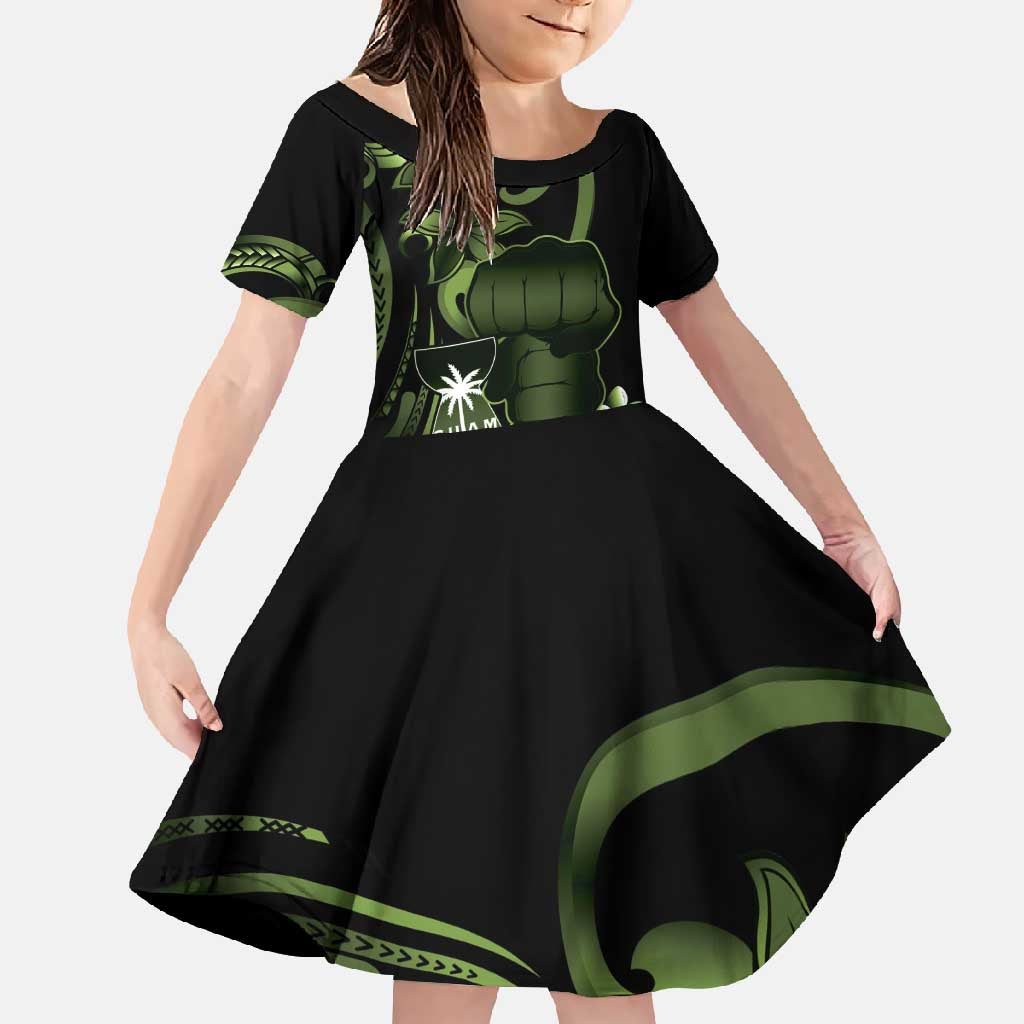 Green Hafa Adai Guam Family Matching Summer Maxi Dress and Hawaiian Shirt Chamorro Latte Stone Hand With Plumeria