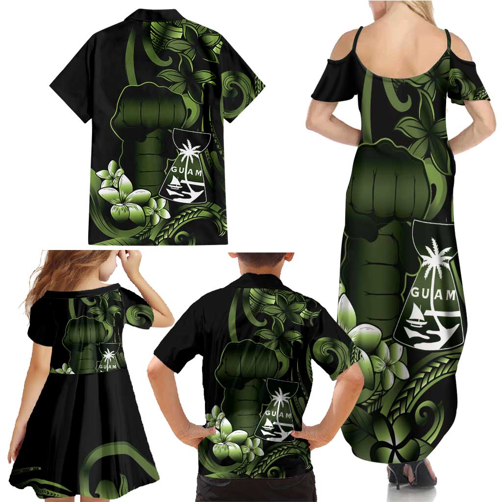 Green Hafa Adai Guam Family Matching Summer Maxi Dress and Hawaiian Shirt Chamorro Latte Stone Hand With Plumeria