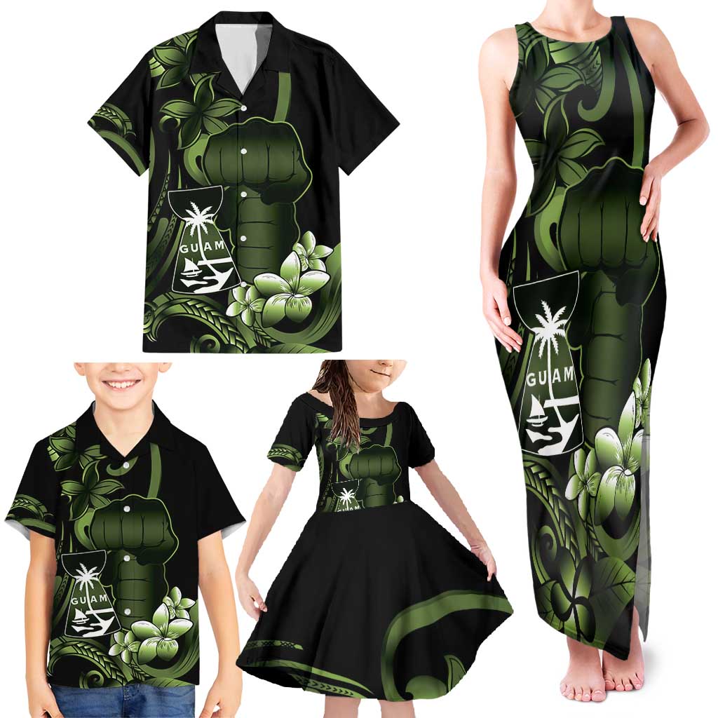 Green Hafa Adai Guam Family Matching Tank Maxi Dress and Hawaiian Shirt Chamorro Latte Stone Hand With Plumeria LT14 - Polynesian Pride