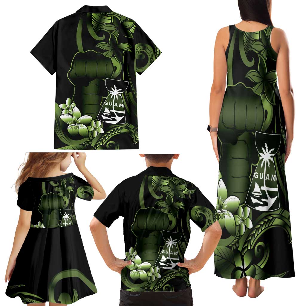 Green Hafa Adai Guam Family Matching Tank Maxi Dress and Hawaiian Shirt Chamorro Latte Stone Hand With Plumeria LT14 - Polynesian Pride