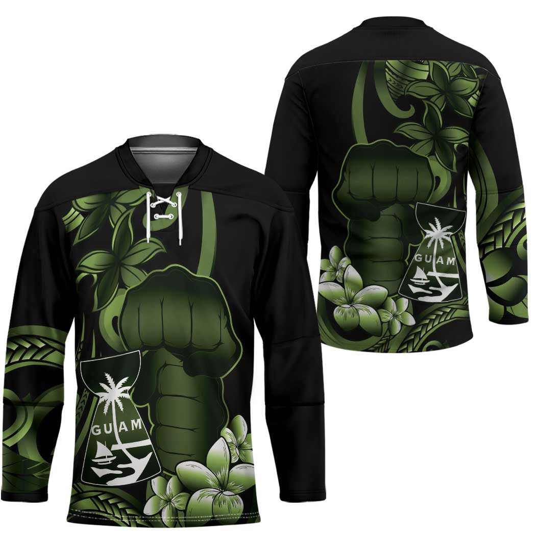 Green Hafa Adai Guam Hockey Jersey Chamorro Latte Stone Hand With Plumeria - Polynesian Pride