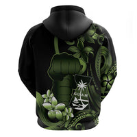 Green Hafa Adai Guam Hoodie Chamorro Latte Stone Hand With Plumeria