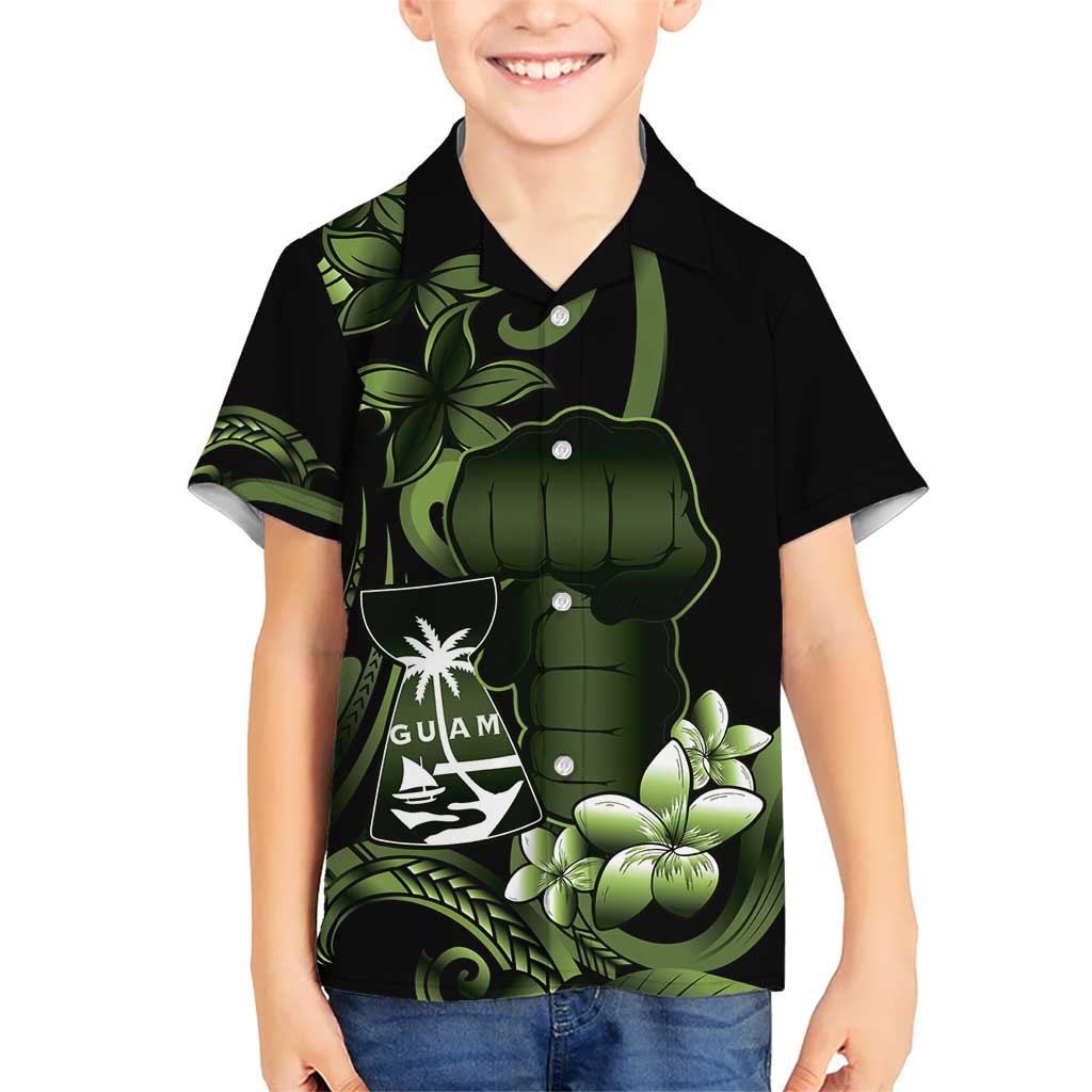 Green Hafa Adai Guam Kid Hawaiian Shirt Chamorro Latte Stone Hand With Plumeria