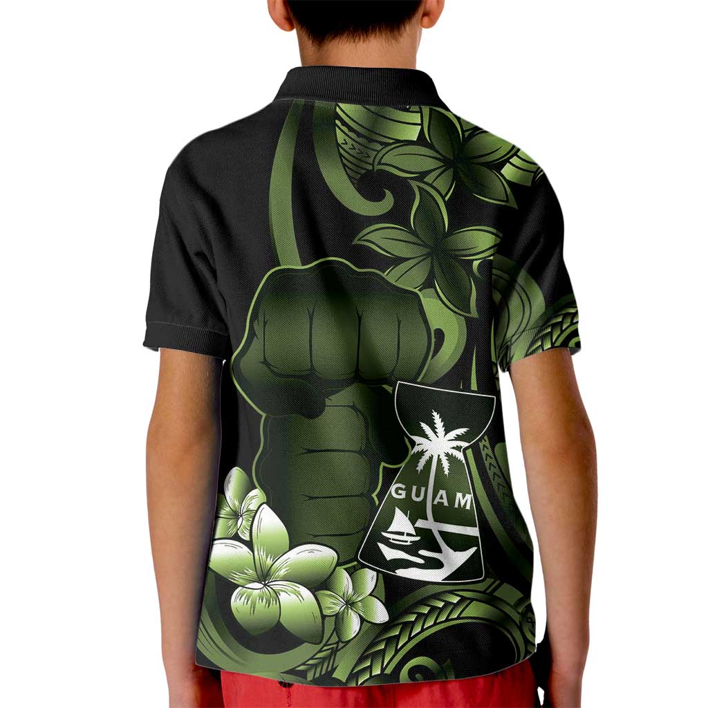 Green Hafa Adai Guam Kid Polo Shirt Chamorro Latte Stone Hand With Plumeria