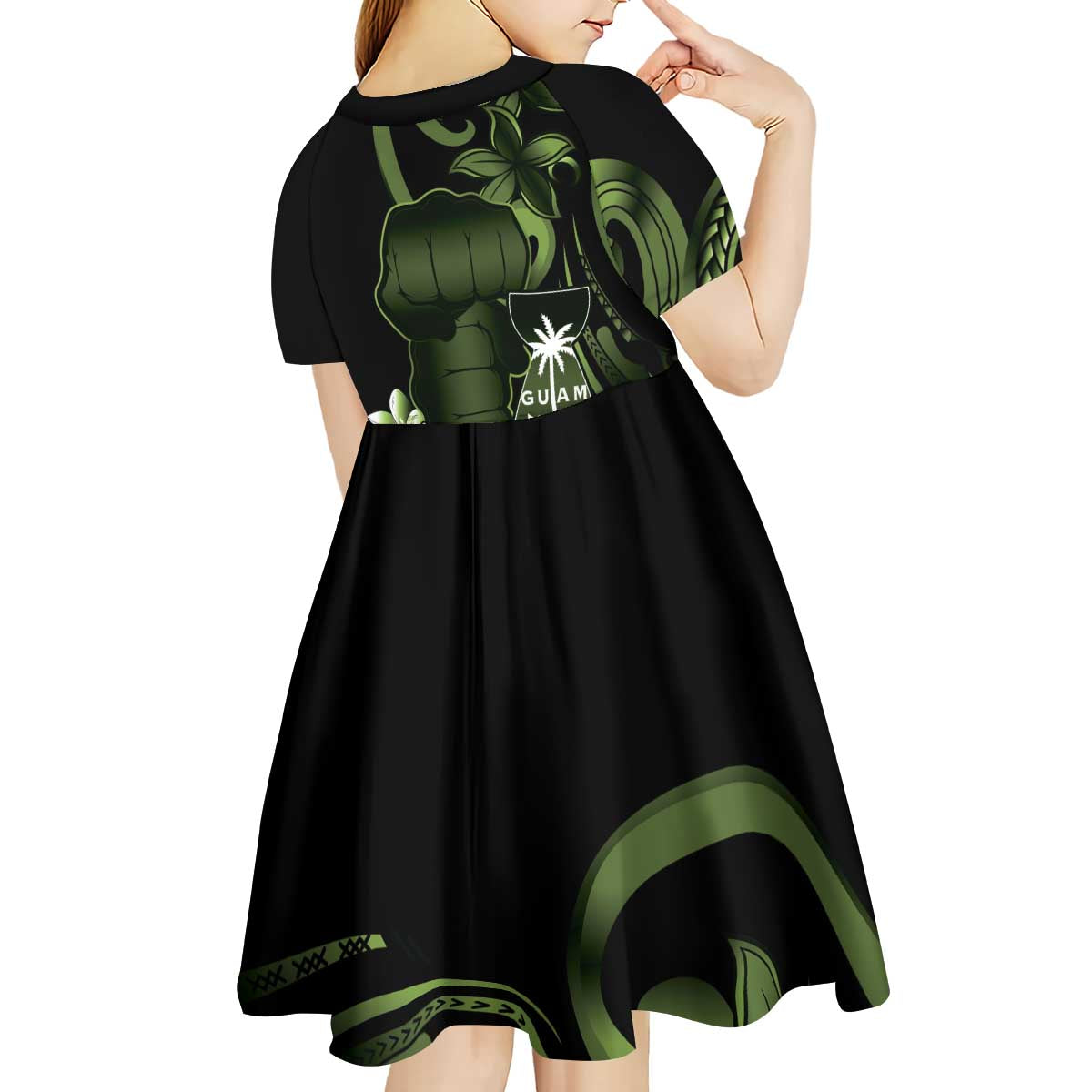 Green Hafa Adai Guam Kid Short Sleeve Dress Chamorro Latte Stone Hand With Plumeria
