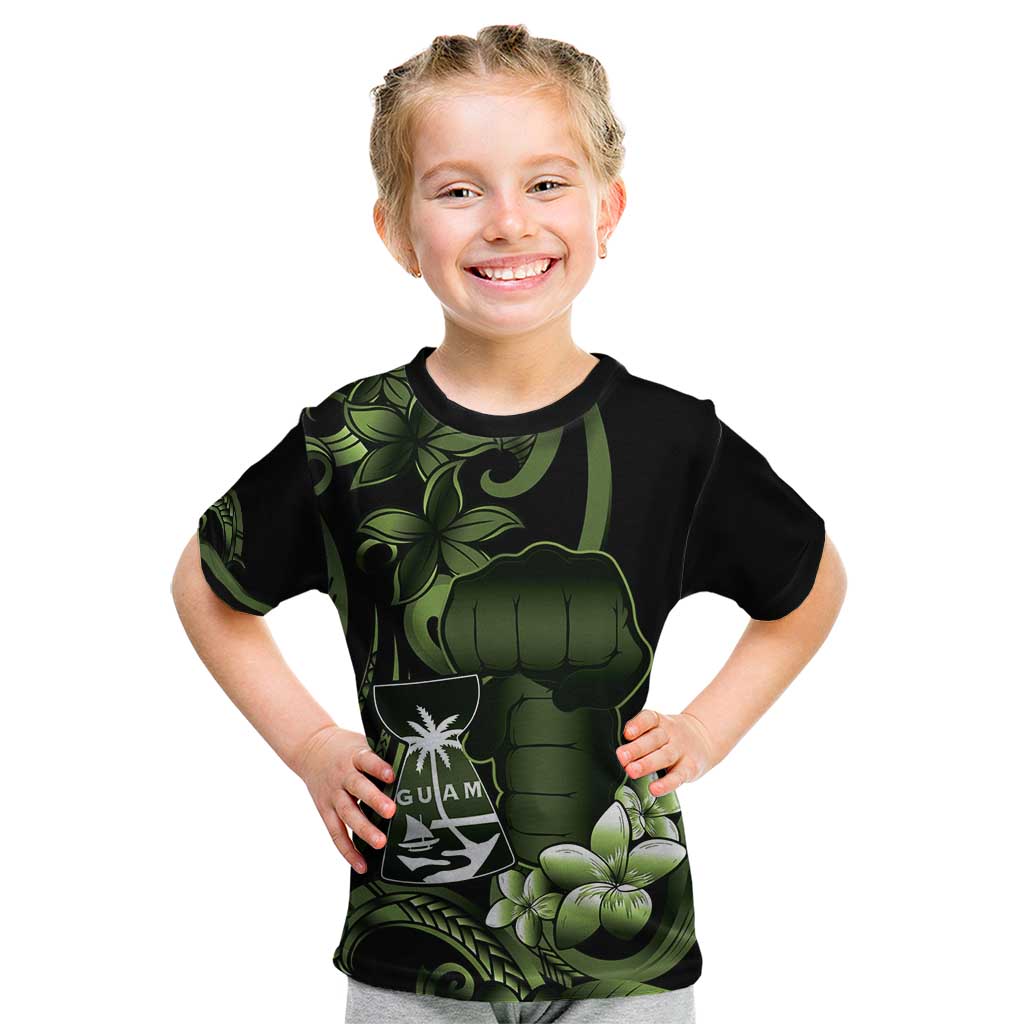 Green Hafa Adai Guam Kid T Shirt Chamorro Latte Stone Hand With Plumeria