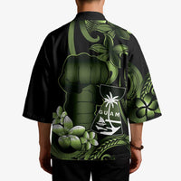 Green Hafa Adai Guam Kimono Chamorro Latte Stone Hand With Plumeria - Polynesian Pride