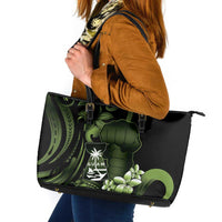 Green Hafa Adai Guam Leather Tote Bag Chamorro Latte Stone Hand With Plumeria LT14 Green - Polynesian Pride