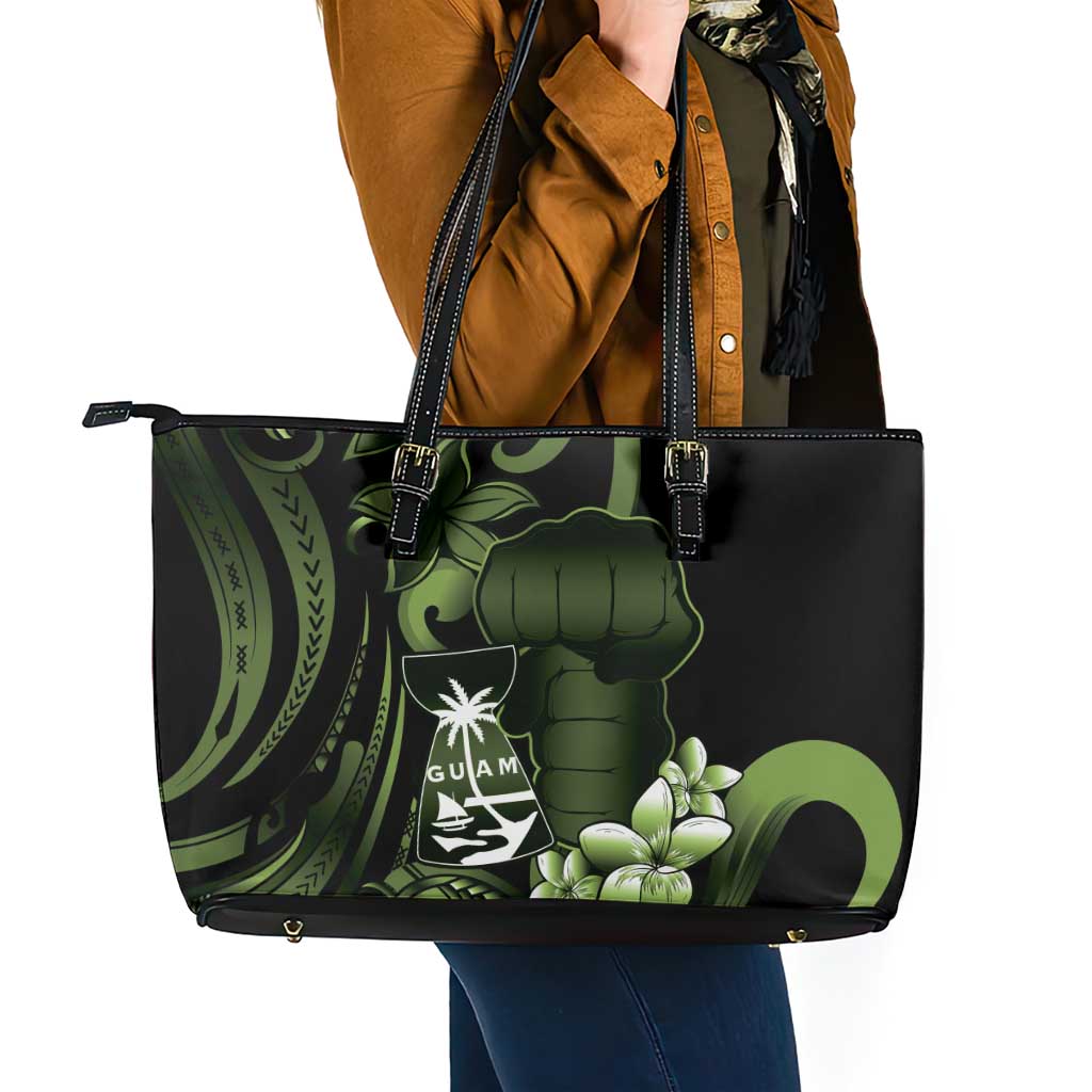 Green Hafa Adai Guam Leather Tote Bag Chamorro Latte Stone Hand With Plumeria LT14 - Polynesian Pride