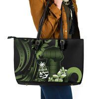 Green Hafa Adai Guam Leather Tote Bag Chamorro Latte Stone Hand With Plumeria LT14 - Polynesian Pride