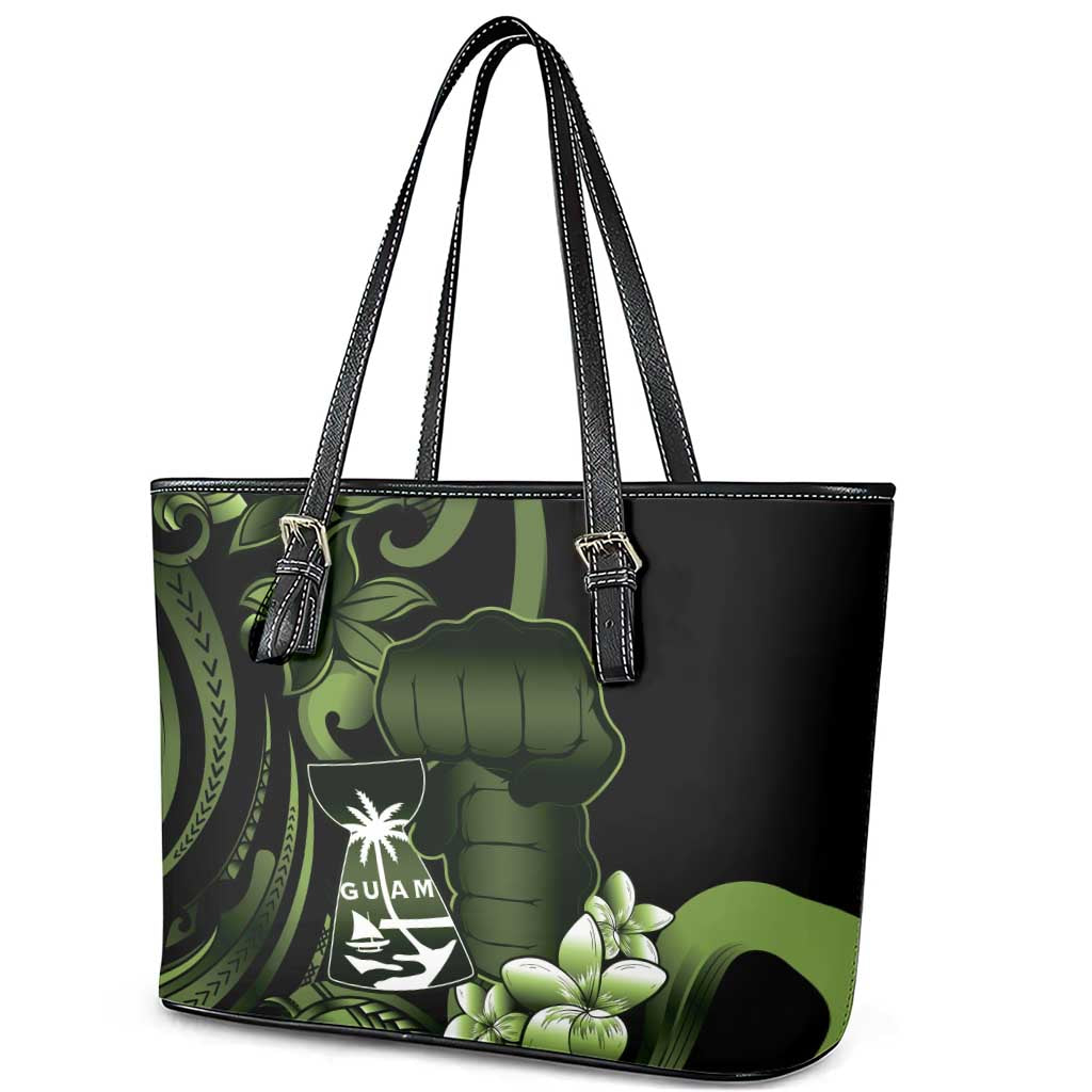 Green Hafa Adai Guam Leather Tote Bag Chamorro Latte Stone Hand With Plumeria LT14 - Polynesian Pride