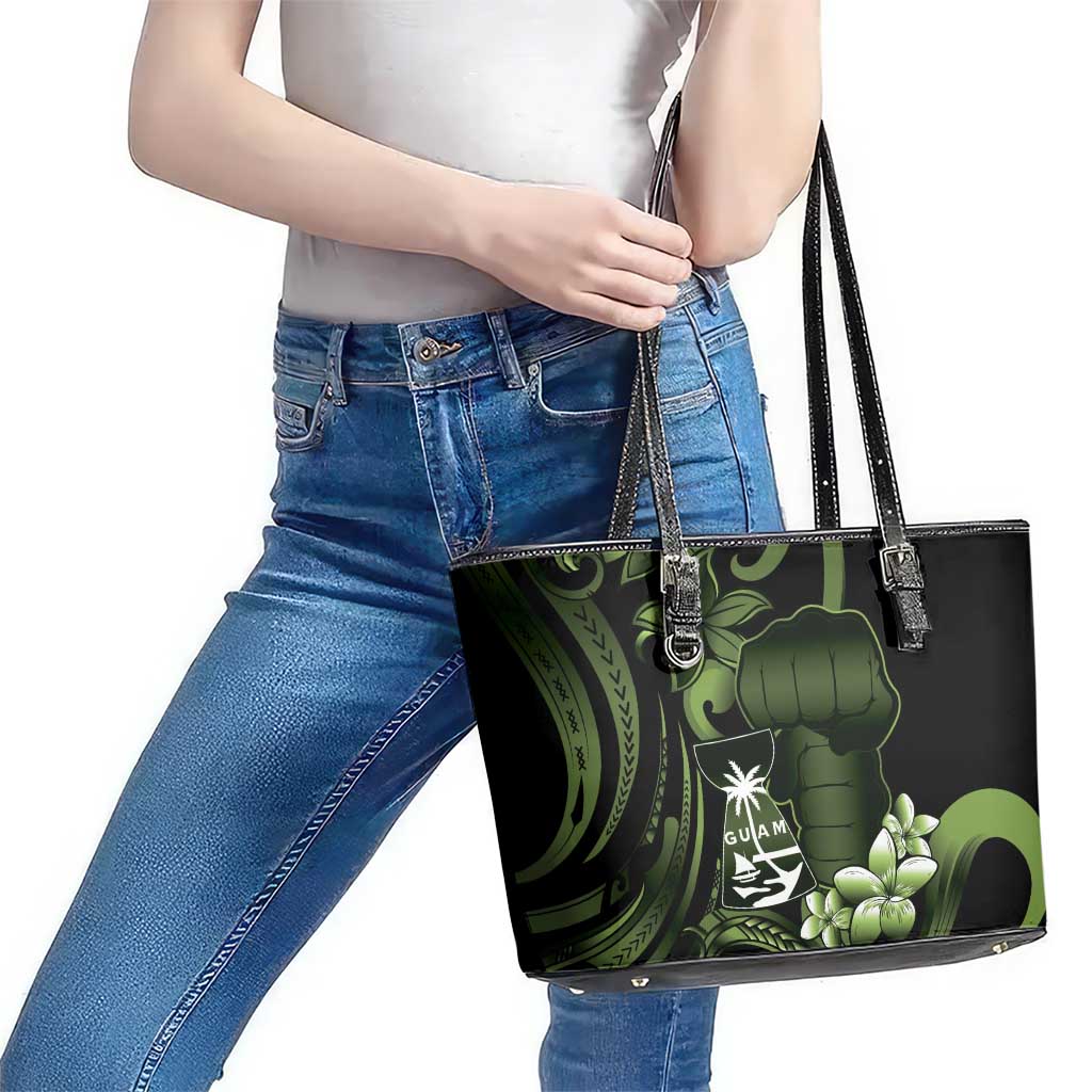 Green Hafa Adai Guam Leather Tote Bag Chamorro Latte Stone Hand With Plumeria LT14 - Polynesian Pride