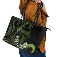 Green Hafa Adai Guam Leather Tote Bag Chamorro Latte Stone Hand With Plumeria LT14 - Polynesian Pride