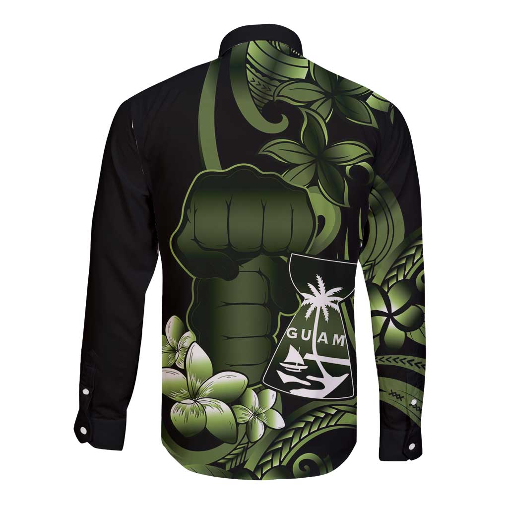 Green Hafa Adai Guam Long Sleeve Button Shirt Chamorro Latte Stone Hand With Plumeria