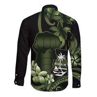 Green Hafa Adai Guam Long Sleeve Button Shirt Chamorro Latte Stone Hand With Plumeria