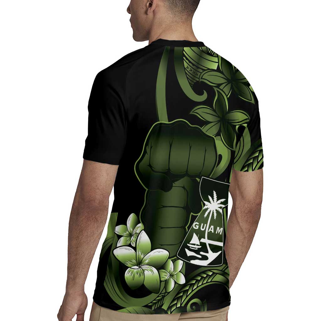 Green Hafa Adai Guam Rugby Jersey Chamorro Latte Stone Hand With Plumeria