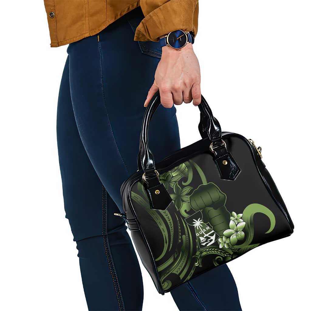 Green Hafa Adai Guam Shoulder Handbag Chamorro Latte Stone Hand With Plumeria