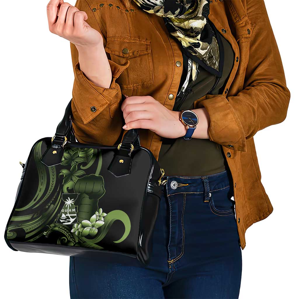 Green Hafa Adai Guam Shoulder Handbag Chamorro Latte Stone Hand With Plumeria