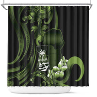 Green Hafa Adai Guam Shower Curtain Chamorro Latte Stone Hand With Plumeria