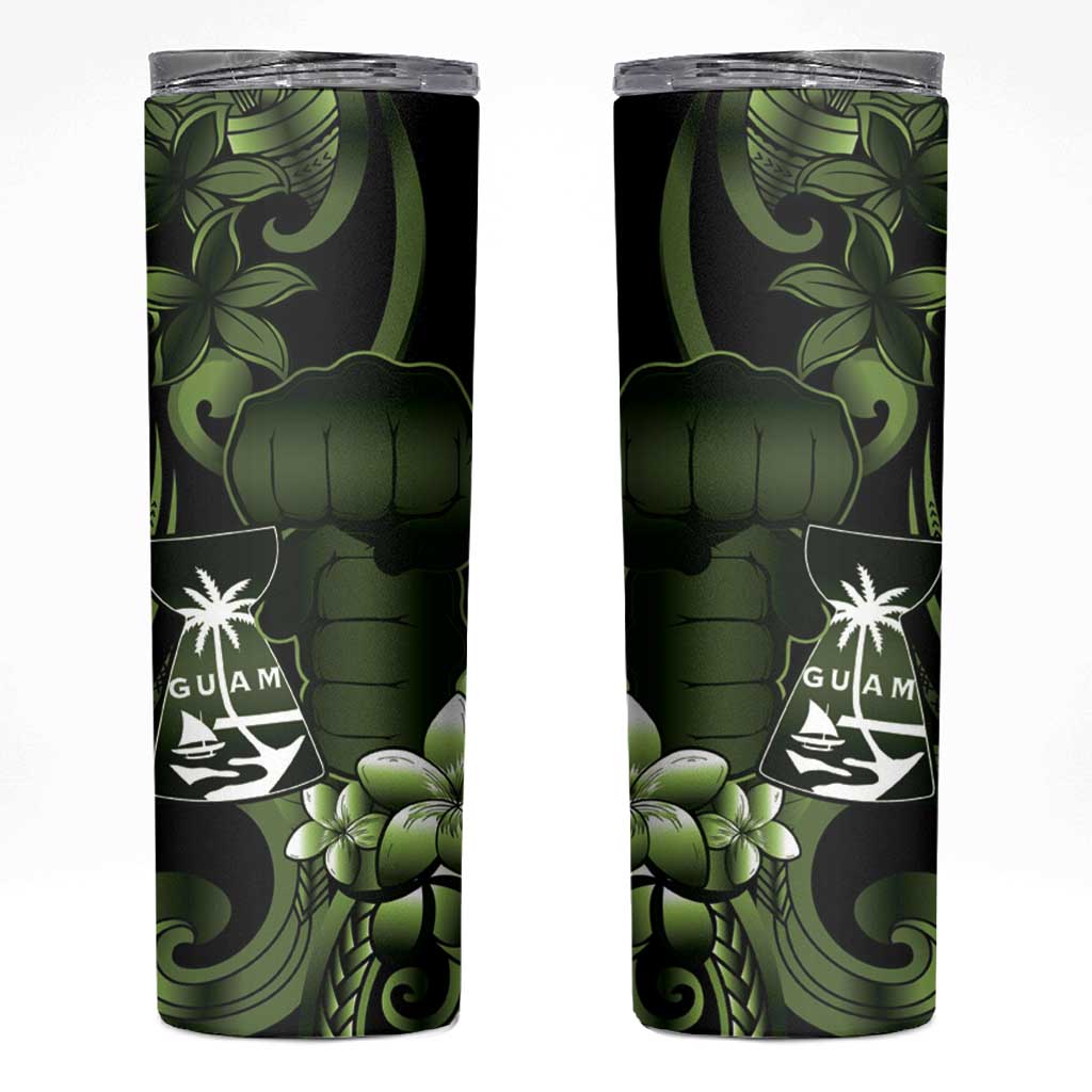 Green Hafa Adai Guam Skinny Tumbler Chamorro Latte Stone Hand With Plumeria LT14 Green - Polynesian Pride