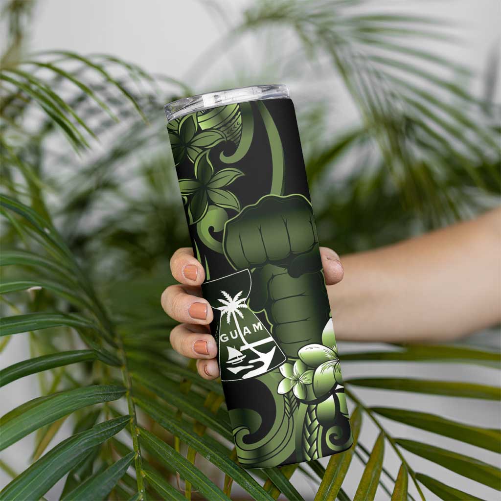 Green Hafa Adai Guam Skinny Tumbler Chamorro Latte Stone Hand With Plumeria LT14 - Polynesian Pride