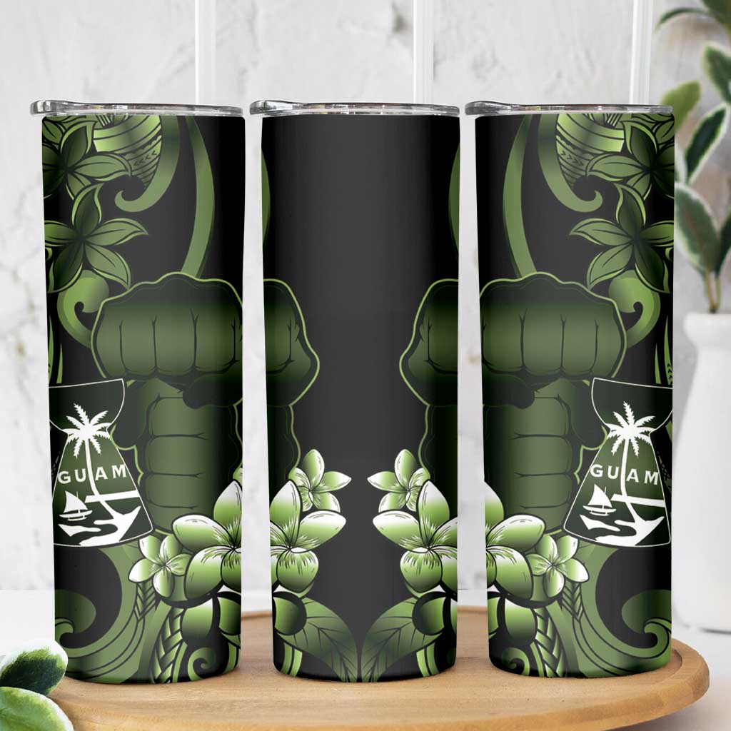 Green Hafa Adai Guam Skinny Tumbler Chamorro Latte Stone Hand With Plumeria LT14 - Polynesian Pride