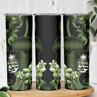 Green Hafa Adai Guam Skinny Tumbler Chamorro Latte Stone Hand With Plumeria LT14 - Polynesian Pride