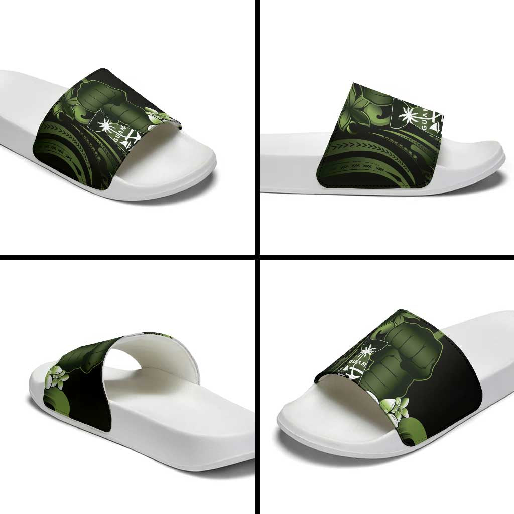 Green Hafa Adai Guam Slide Sandals Chamorro Latte Stone Hand With Plumeria - Polynesian Pride