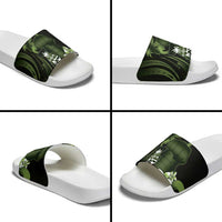 Green Hafa Adai Guam Slide Sandals Chamorro Latte Stone Hand With Plumeria - Polynesian Pride