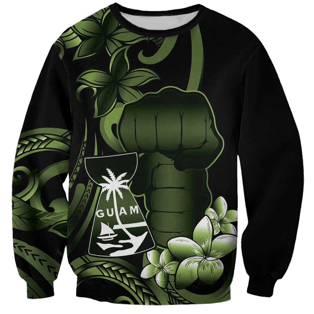 Green Hafa Adai Guam Sweatshirt Chamorro Latte Stone Hand With Plumeria LT14 Unisex Green - Polynesian Pride