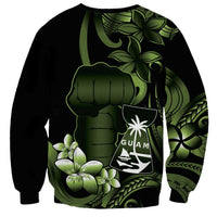 Green Hafa Adai Guam Sweatshirt Chamorro Latte Stone Hand With Plumeria LT14 - Polynesian Pride