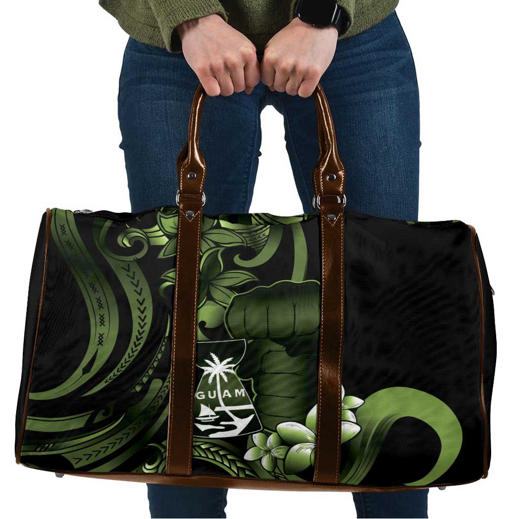 Green Hafa Adai Guam Travel Bag Chamorro Latte Stone Hand With Plumeria - Polynesian Pride
