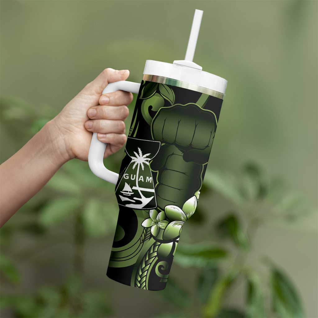Green Hafa Adai Guam Tumbler With Handle Chamorro Latte Stone Hand With Plumeria