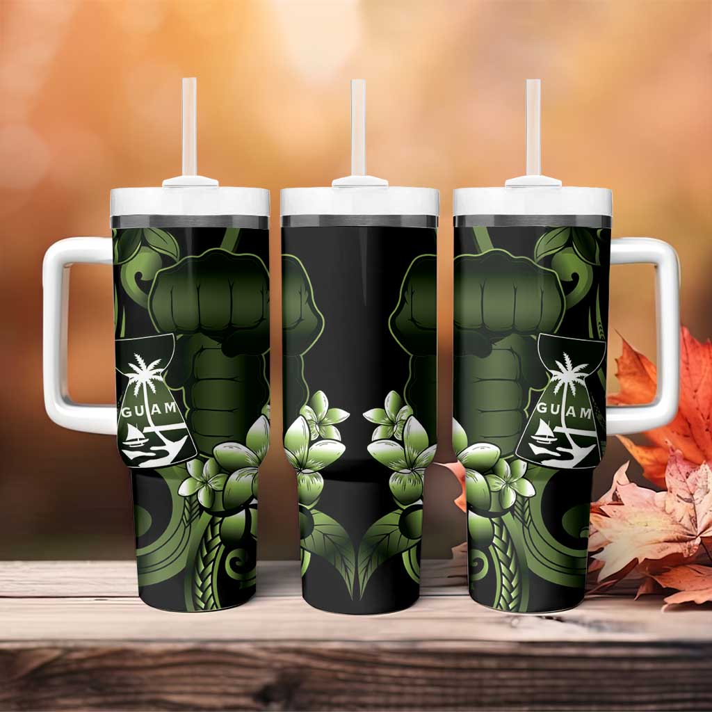 Green Hafa Adai Guam Tumbler With Handle Chamorro Latte Stone Hand With Plumeria