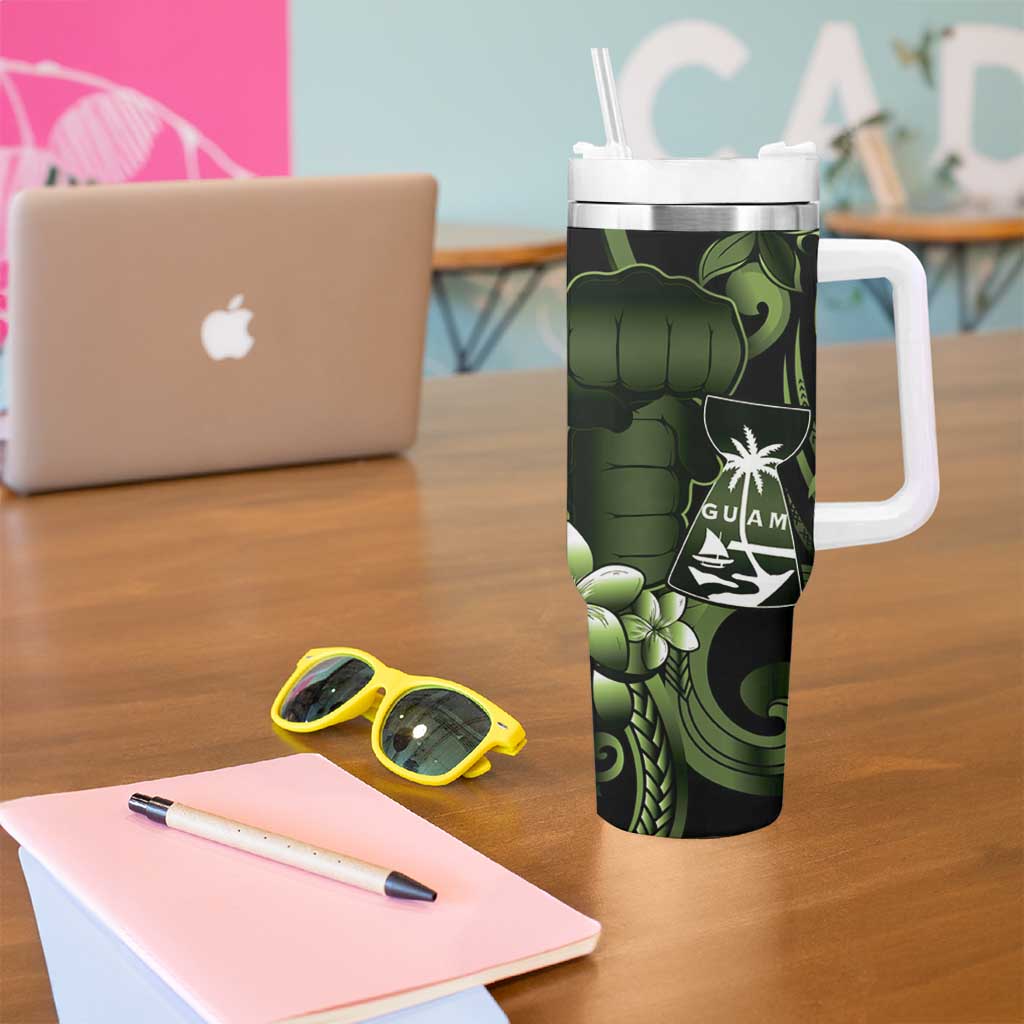 Green Hafa Adai Guam Tumbler With Handle Chamorro Latte Stone Hand With Plumeria