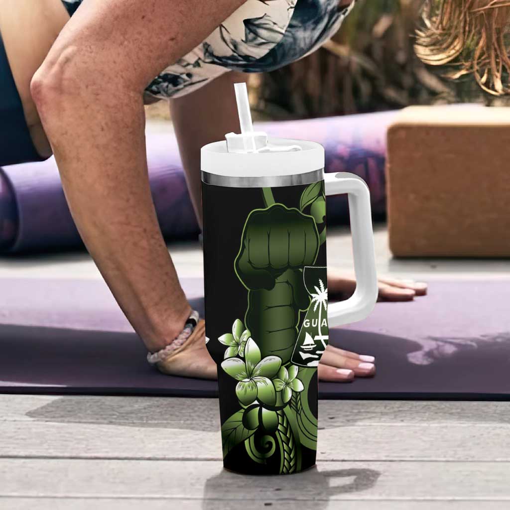 Green Hafa Adai Guam Tumbler With Handle Chamorro Latte Stone Hand With Plumeria