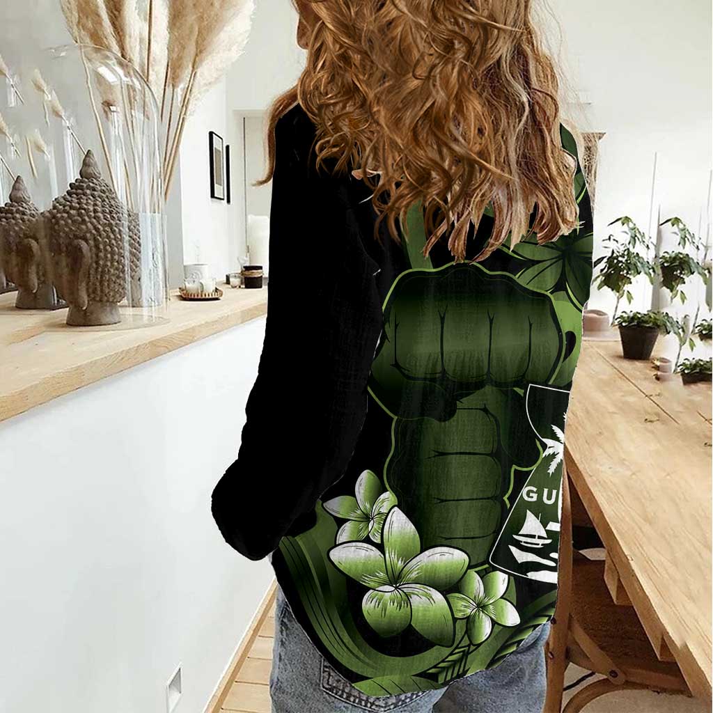 Green Hafa Adai Guam Women Casual Shirt Chamorro Latte Stone Hand With Plumeria LT14 - Polynesian Pride