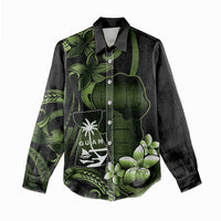 Green Hafa Adai Guam Women Casual Shirt Chamorro Latte Stone Hand With Plumeria LT14 - Polynesian Pride
