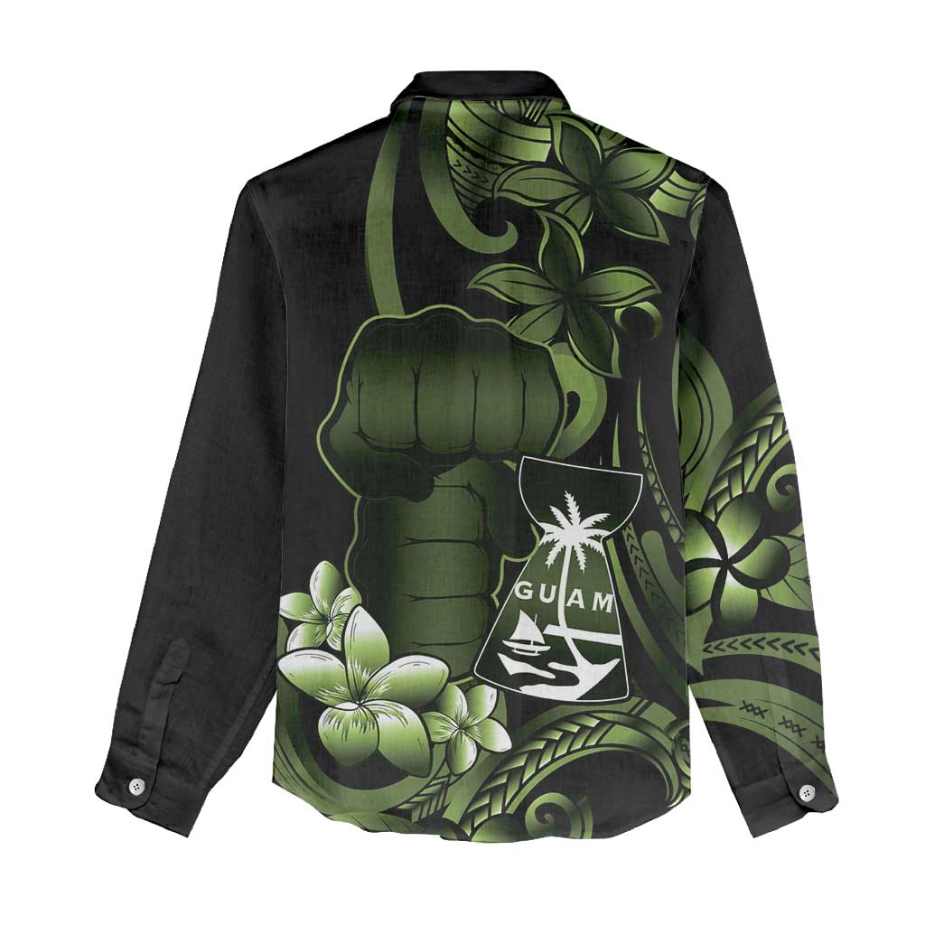 Green Hafa Adai Guam Women Casual Shirt Chamorro Latte Stone Hand With Plumeria LT14 - Polynesian Pride