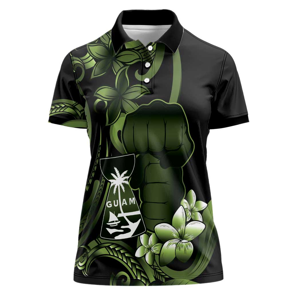 Green Hafa Adai Guam Women Polo Shirt Chamorro Latte Stone Hand With Plumeria LT14 Female Green - Polynesian Pride