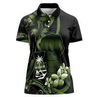 Green Hafa Adai Guam Women Polo Shirt Chamorro Latte Stone Hand With Plumeria LT14 Female Green - Polynesian Pride