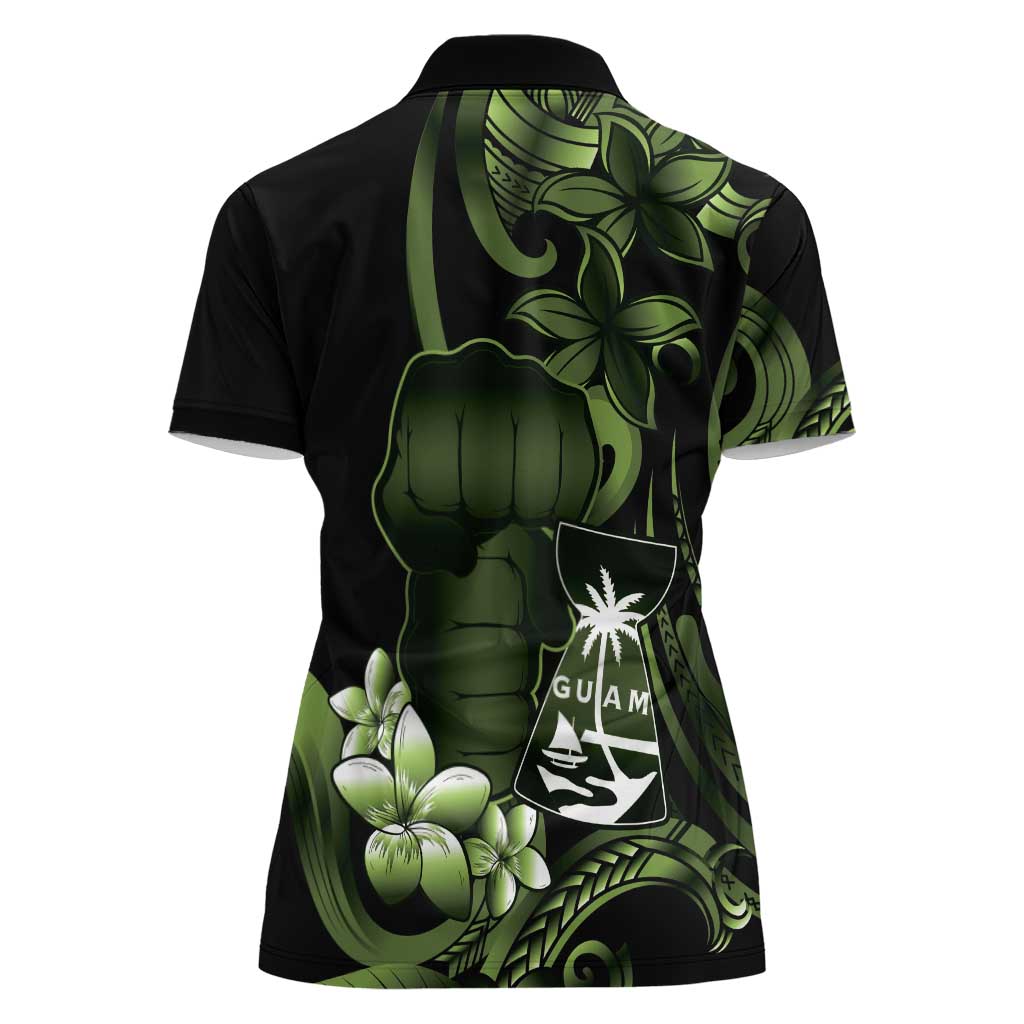 Green Hafa Adai Guam Women Polo Shirt Chamorro Latte Stone Hand With Plumeria LT14 - Polynesian Pride