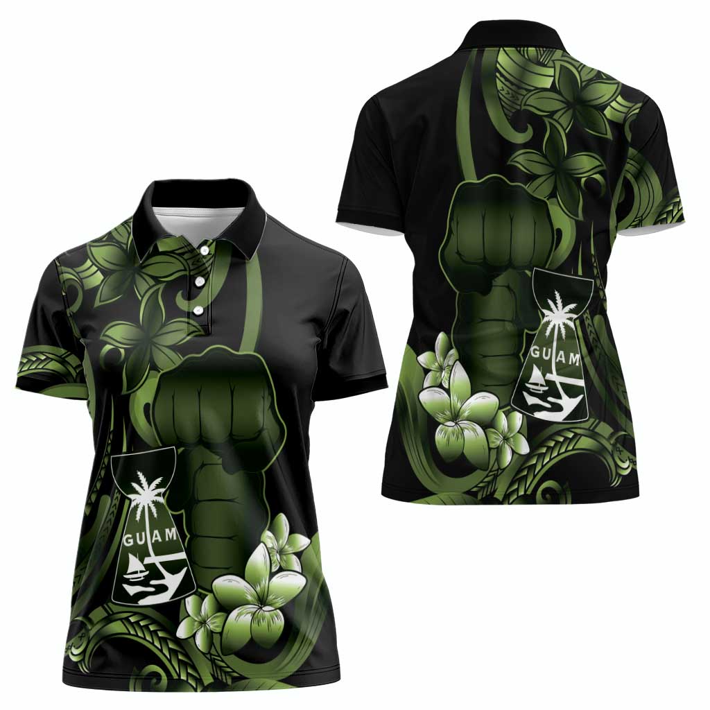 Green Hafa Adai Guam Women Polo Shirt Chamorro Latte Stone Hand With Plumeria LT14 - Polynesian Pride