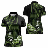 Green Hafa Adai Guam Women Polo Shirt Chamorro Latte Stone Hand With Plumeria LT14 - Polynesian Pride