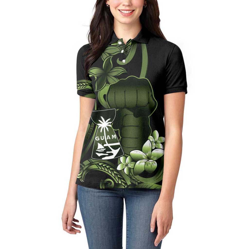 Green Hafa Adai Guam Women Polo Shirt Chamorro Latte Stone Hand With Plumeria LT14 - Polynesian Pride