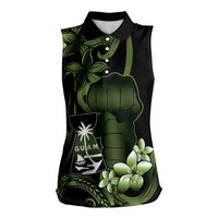 Green Hafa Adai Guam Women Sleeveless Polo Shirt Chamorro Latte Stone Hand With Plumeria LT14 Female Green - Polynesian Pride